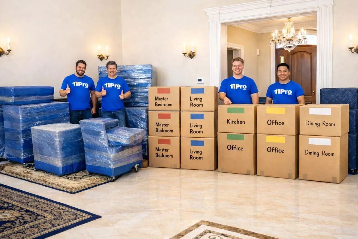Color-coded moving boxes packed in a Surrey house