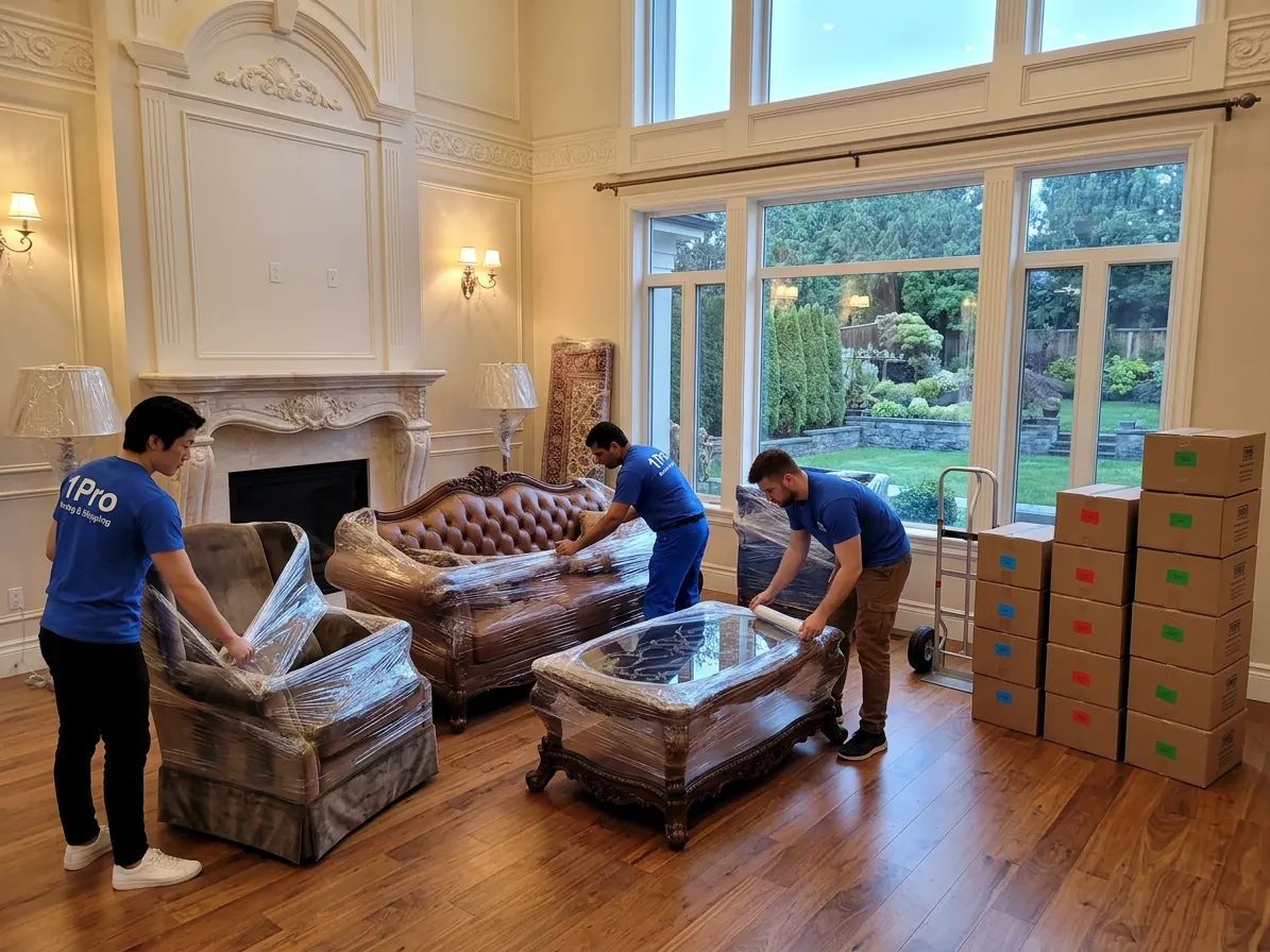 1Pro crew wrapping furniture in padded blankets before loading