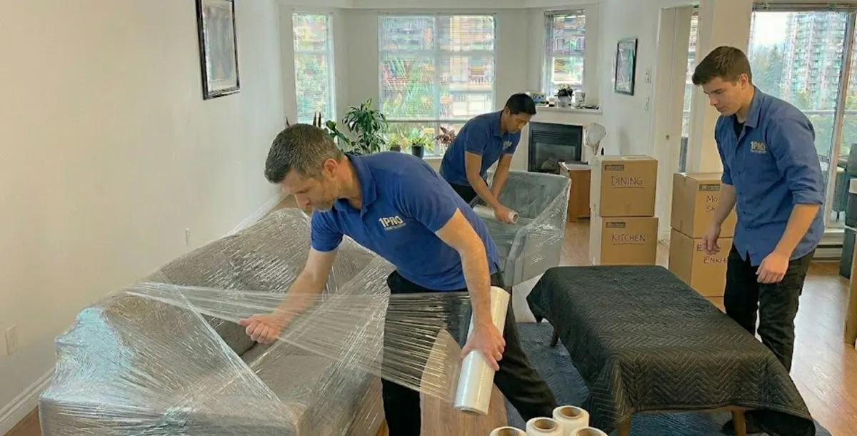 1Pro movers carrying boxes out of a townhouse