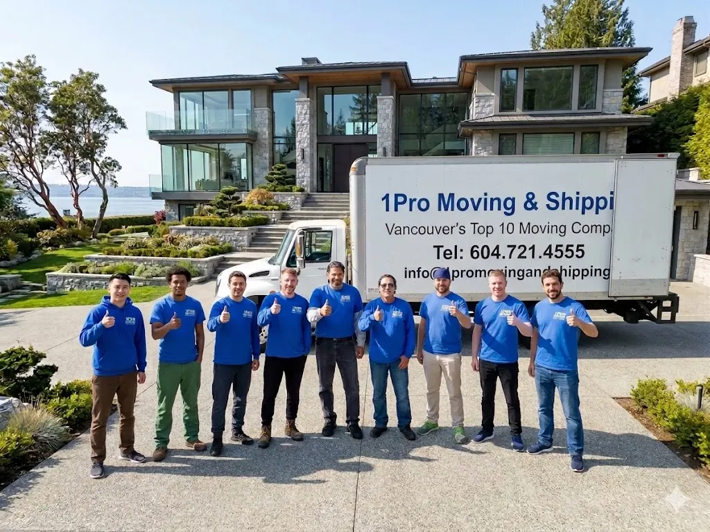 1Pro moving crew wrapping furniture at a West Vancouver home